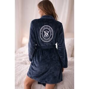Victoria's Secret Plush Robe Womens XS Small Black Lounge Cozy Signature Logo